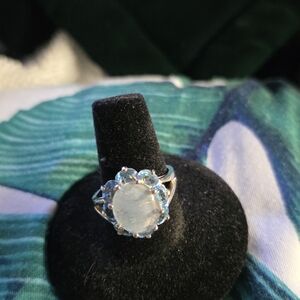 SS Skalet Manufacturing Oval Rainbow Moonstone Surrounded By Blue Topaz Ring.